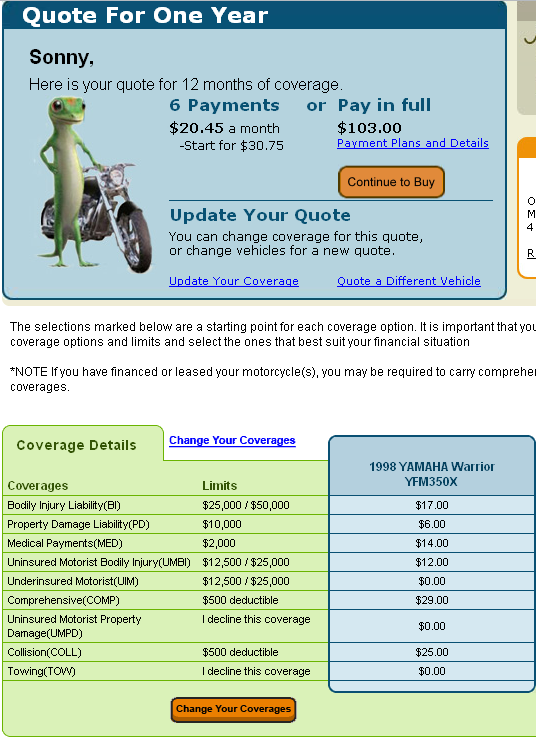 insurance quote for 1998 yamaha warrior