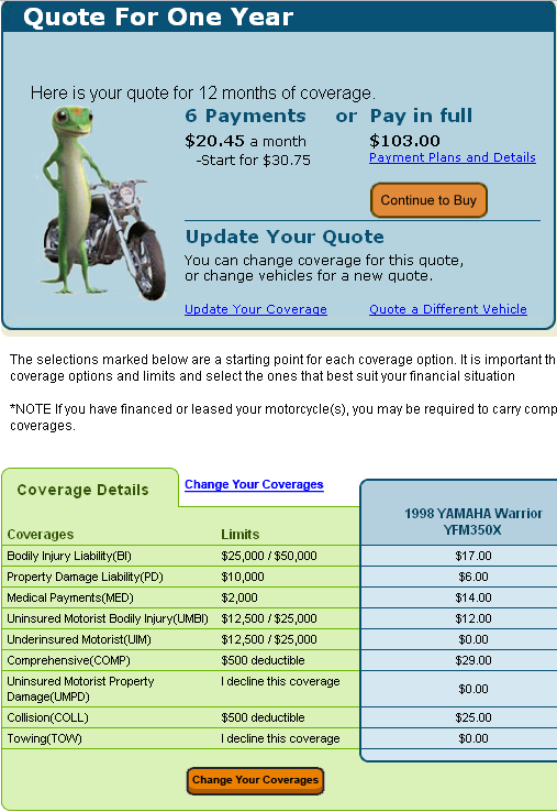 insurance quote for 1998 yamaha warrior.